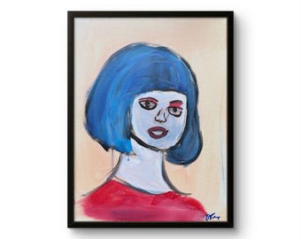 Original Blue 11x14 Hair Portrait Acrylic Painting Woman Face Home Decor