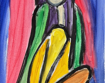 オリジナル 11x14 アクリル抽象女性像絵画 | 大胆な幾何学的シルエット ウォールアート すぐに飾れます