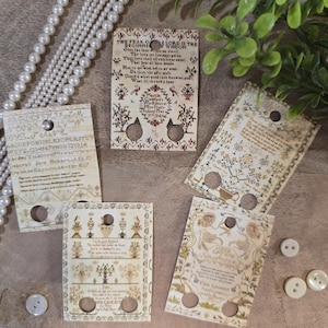 Lot de 20 gouttes de fil dentaire, échantillonneurs antiques, cartes de fil, étiquettes de fil dentaire
