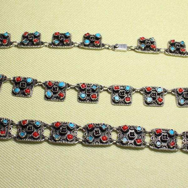 MEXICAN necklace, bracelet set, 925 silver, stamped TL-10, glass sets, attractive design, good weight, excellent condition