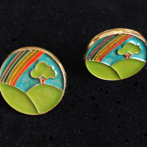 Large ORENA Paris earrings, enamel, French, 1970s, colorful rainbow design, vintage clip-ons, excellent condition