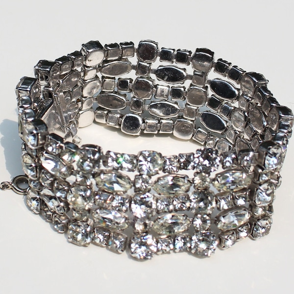 SHERMAN rhinestone bracelet, gorgeous, glamourous, Hollywood glamour, 1 inch wide, signed, A-1 condition, Austrian crystal, security chain