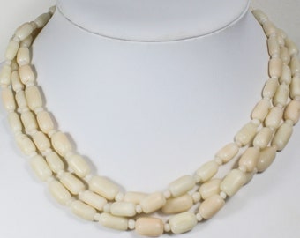 WHITE CORAL necklace, unusual, 3 strands, large 14K clasp, elongated oval beads, A1 condition