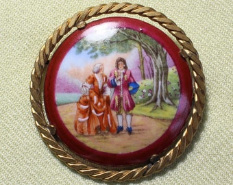 Broche Ancienne En Céramique De Limoges - Plaquée Argent, Belle Qualité, Occasion