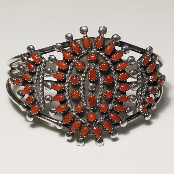VINTAGE “needle point” coral cuff bracelet, Zuni hand crafted silver, handsome design, A-1 workmanship, good weight, A-1 condition