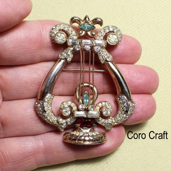 Iconic CORO CRAFT sterling vermeil harp/lyre pin, “Carnegie Hall,” rare 1947, large, signed, rhinestones, excellent vintage condition