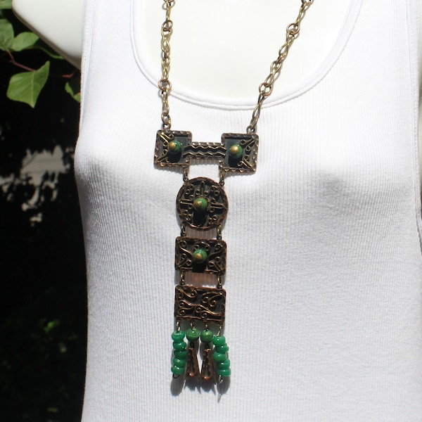 CASA MAYA necklace, stamped Mexico, hand made, copper, brass, green onyx,  handsome design, A-1 condition