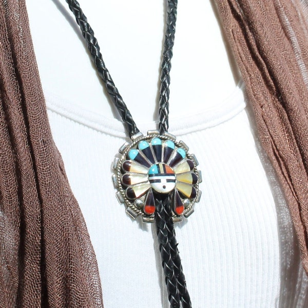 ZUNI bolo tie, handsome “sun face” design, well made, silver, coral, turquoise, pearl, onyx, A-1 condition