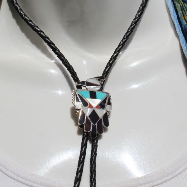 Zuni bolo tie, silver, inlaid stone, handcrafted, knifewing monster, quality piece, 1960s, hand made, signed, well made, A-1 condition