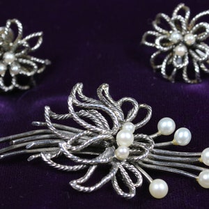 Sterling, cultured pearl pin, earrings, Birks of Canada, 1960s, floral design, screw backs, stamped, A-1