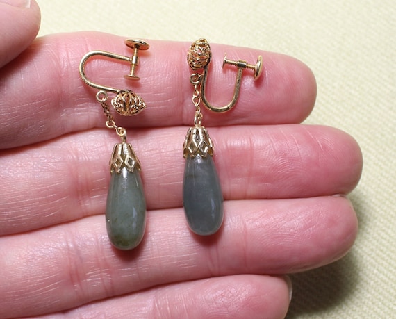 14K Antique jade tear-drop shape earrings, Chines… - image 3