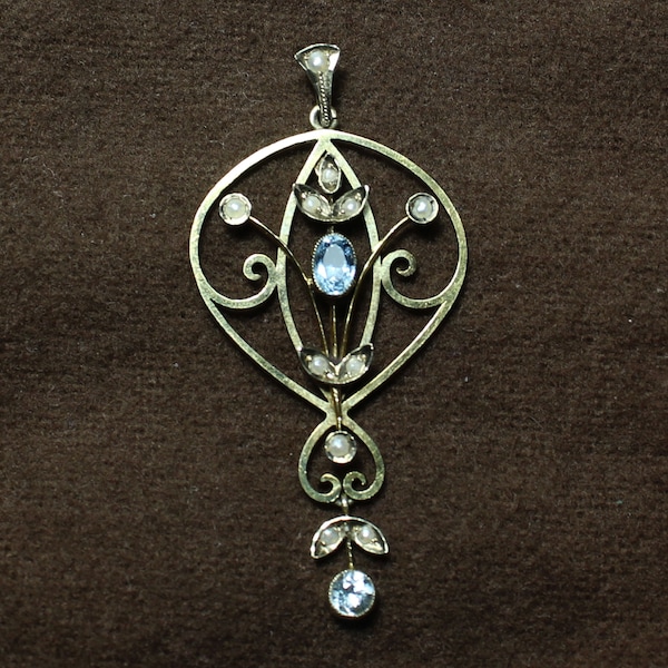 Edwardian 9K LAVALIER pendant, aquamarines, seed pearls, stamped, feminine design, well-made, A-1 condition