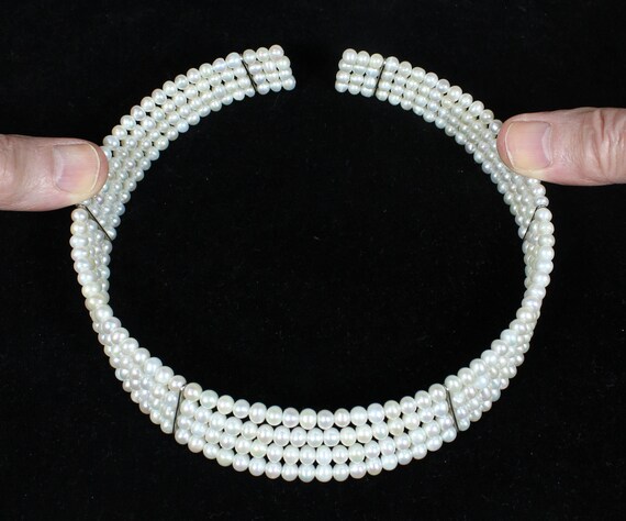 Freshwater pearl necklace, adjusts to neck, handmade, bridal (or not), four pearl lines, well matched, mint condition View 5