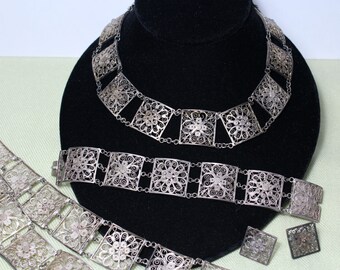 CHINESE silver filigree parure: necklace, belt, earrings, bracelet, antique 1920s, hand made, floral theme