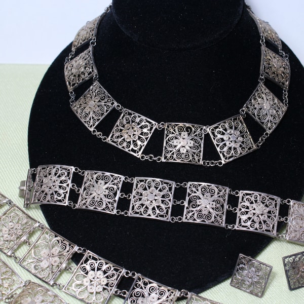 CHINESE silver filigree parure: necklace, belt, earrings, bracelet, antique 1920s, hand made, floral theme