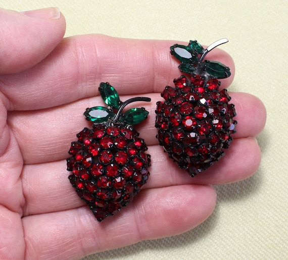 Two WARNER STRAWBERRY pins, signed, iconic design, deep red, green rhinestones, great quality, A-1 condition