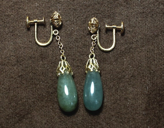14K Antique jade tear-drop shape earrings, Chines… - image 2
