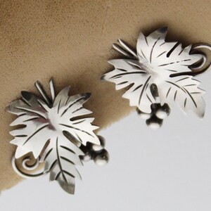 Handmade Mexican silver earrings, well-made, leaf and berry design, 1950s