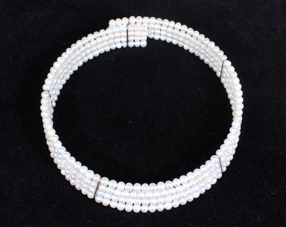 Freshwater pearl necklace, adjusts to neck, handmade, bridal (or not), four pearl lines, well matched, mint condition View 4