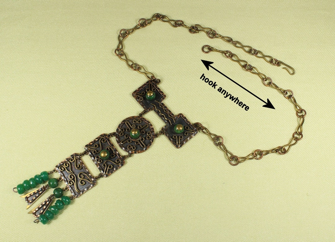 Casa Maya Pendant Necklace + Earrings Set, Aztec/Maya Hammered Brass/Copper + Beads main image 0