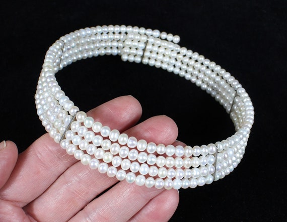 Freshwater pearl necklace, adjusts to neck, handmade, bridal (or not), four pearl lines, well matched, mint condition View 6