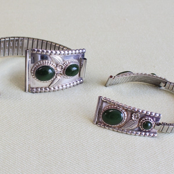 Speidel watchbands, men’s & women's, matching, silver and jade, handcrafted, stamped, A-1, never worn, 1970s