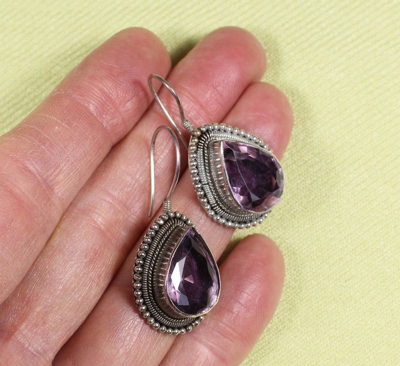 stamped large teardrops A-1 condition Handmade AMETHYST and sterling pierced earrings FREE shipping to US and Canada