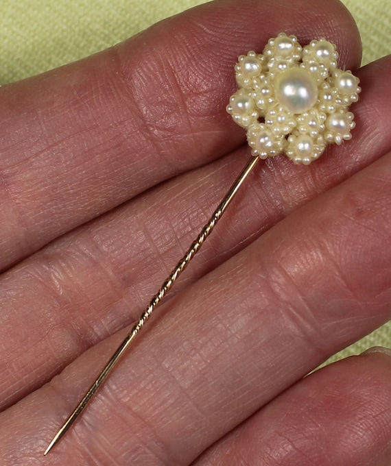 Antique seed pearl stick pin, 1830s, hand ma… Gem