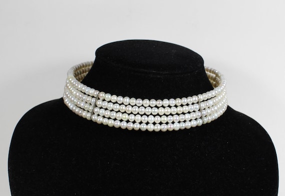 Freshwater pearl necklace, adjusts to neck, handmade, bridal (or not), four pearl lines, well matched, mint condition