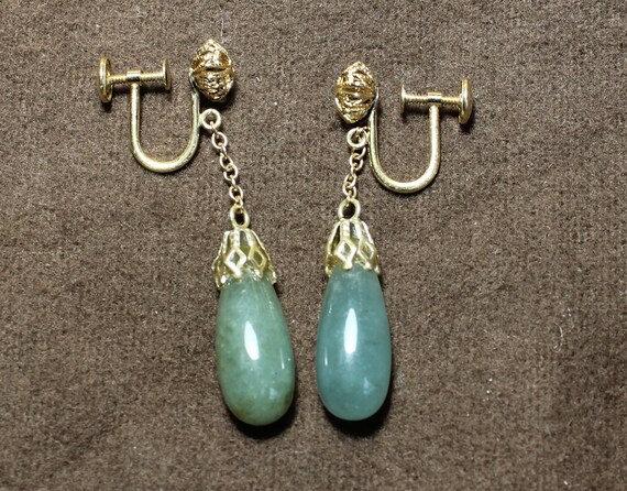 14K Antique jade tear-drop shape earrings, Chines… - image 6