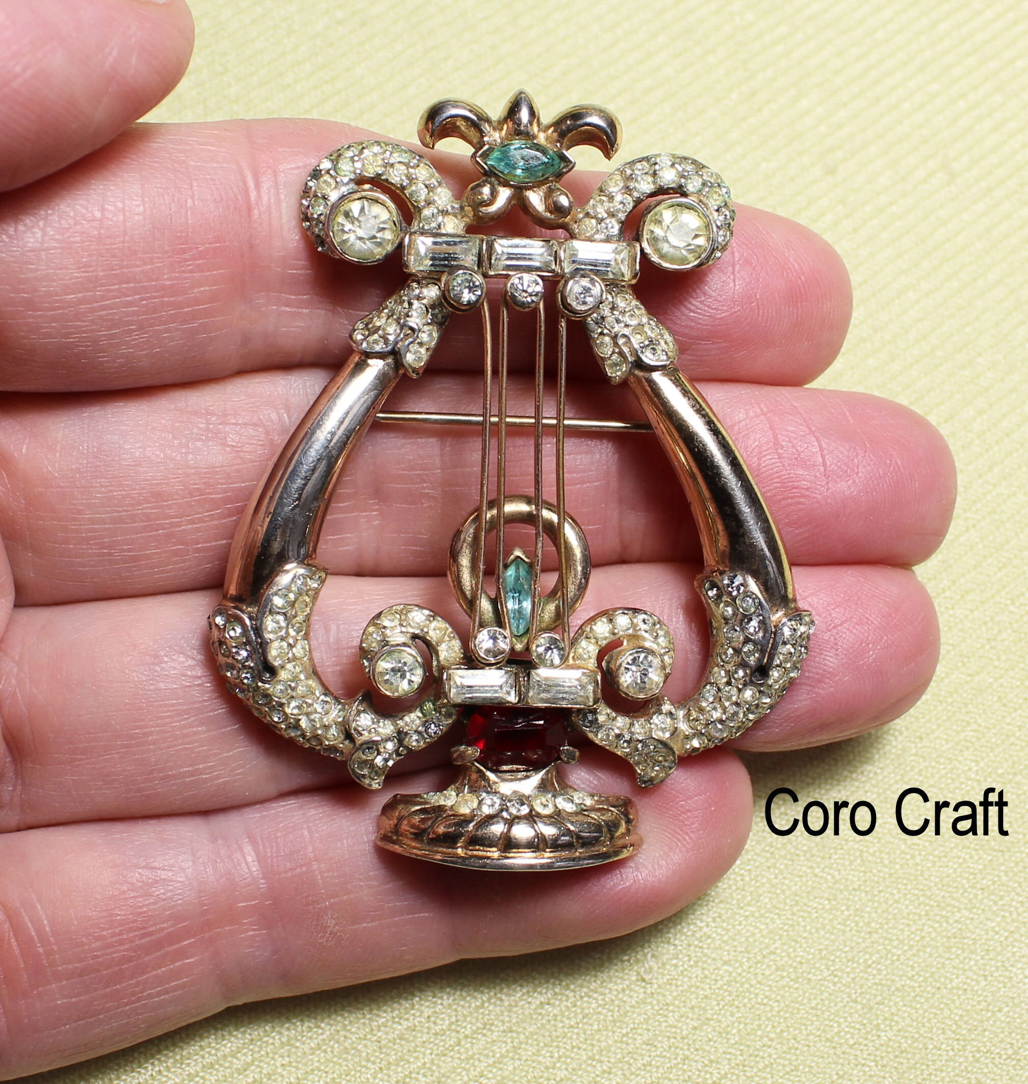 Iconic CORO CRAFT Sterling Vermeil Harp/lyre Pin, “carnegie