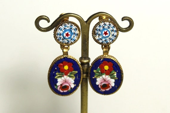 Vintage MOSAIC drop earrings, 1950s, handsome flo… - image 1
