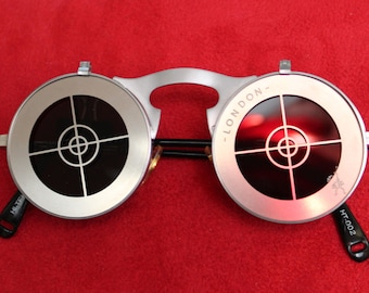 Hi-Tek “target” sunglasses, 1990s, vintage steam punk, unisex, flip-up lenses, Michael Jackson video
