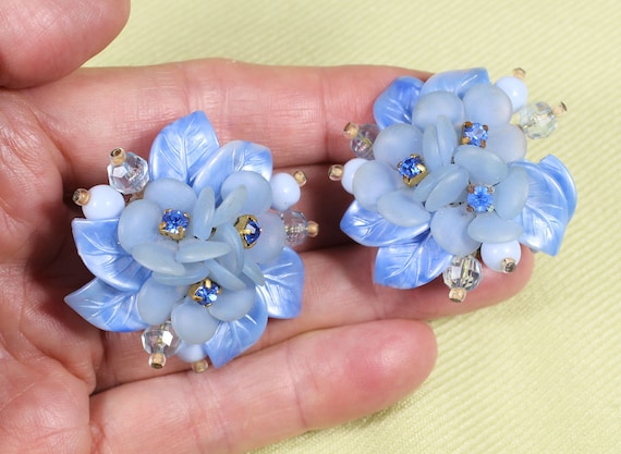 Very large 1950s funky German blue earrings, flor… - image 1