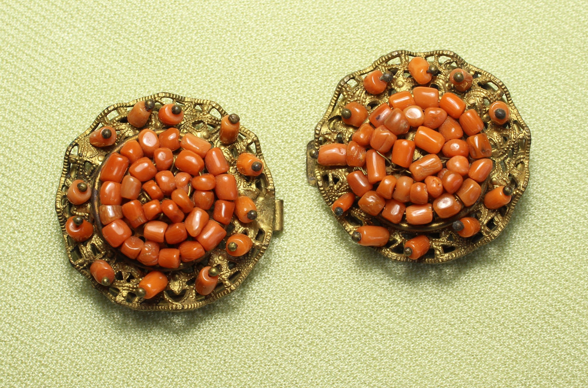 Vintage Gold and Coral Belt Buckle Antique Coral Buckle, Early 1900s, Brass, Handsome Design  main image 3