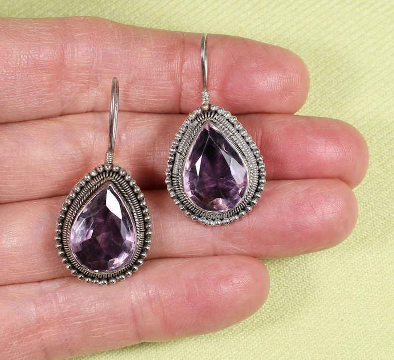 stamped large teardrops A-1 condition Handmade AMETHYST and sterling pierced earrings FREE shipping to US and Canada