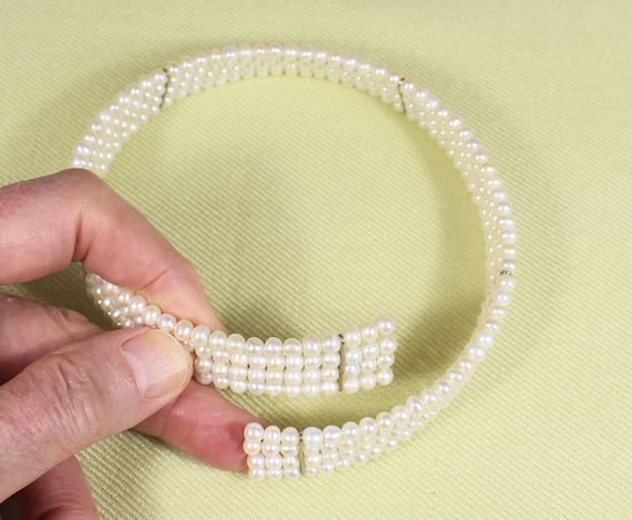 Freshwater pearl necklace, adjusts to neck, handmade, bridal (or not), four pearl lines, well matched, mint condition View 3