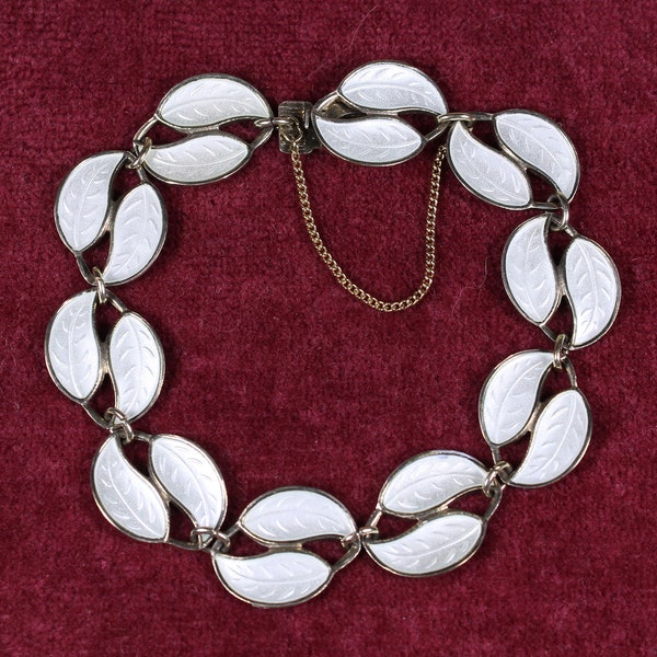 David ANDERSEN Sterling bracelet, Norway, guilloche, “double leaf” design, 7.5 inches, 1950s, safety chain
