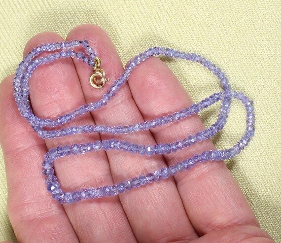 TANZANITE faceted, hand strung necklace, petite beads, 14K clasp, 17.5 inches, stamped, lovely color, well made, well matched color, A-1