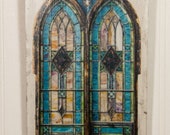 Beautiful Blue Stained Glass Window photo transferred onto decorative reclaimed wood 7.25x13.75 wall hanging 0070A