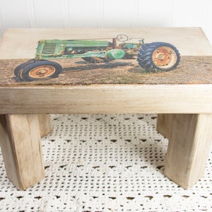 Decorative Stool / Stand with vintage John Deere tractor photo transferred onto farmhouse style wood - 5503