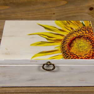 Sideways Sunflower photo transferred onto farmhouse style reclaimed wood Keepsake Box - 9025