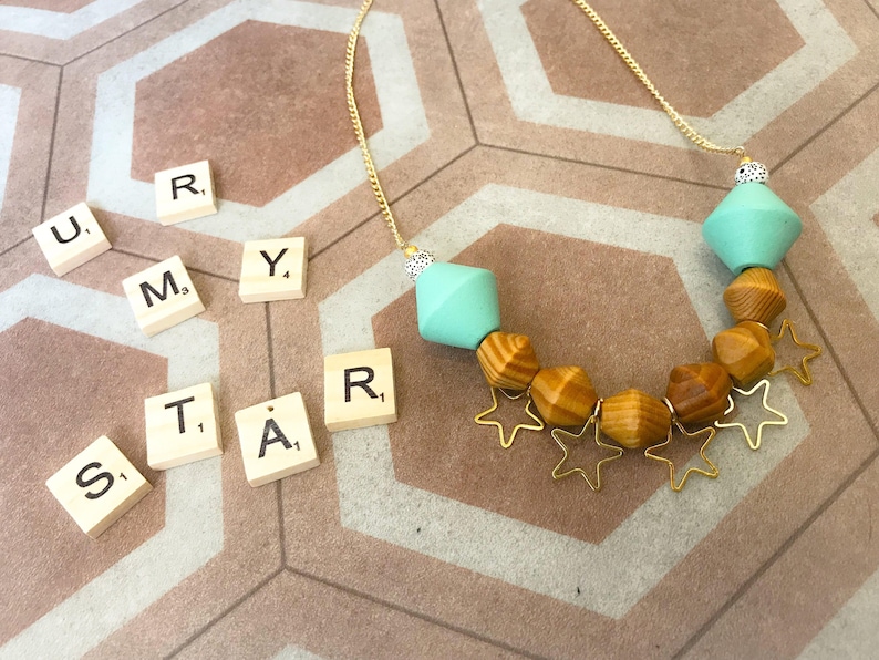 Pendant necklace Geometric Necklace Wood necklace Colorful Jewelry Statement Necklace Star necklace Chunky necklace Unique jewelry