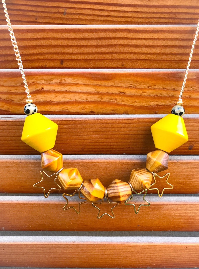 Statement Necklace Colorful Jewelry Star Necklace Chunky necklace Wood necklace Gift for her Unique jewelry Colorful Necklace art