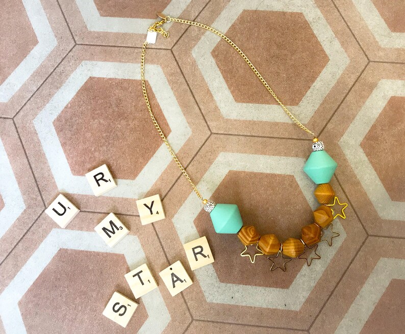 Pendant necklace Geometric Necklace Wood necklace Colorful Jewelry Statement Necklace Star necklace Chunky necklace Unique jewelry