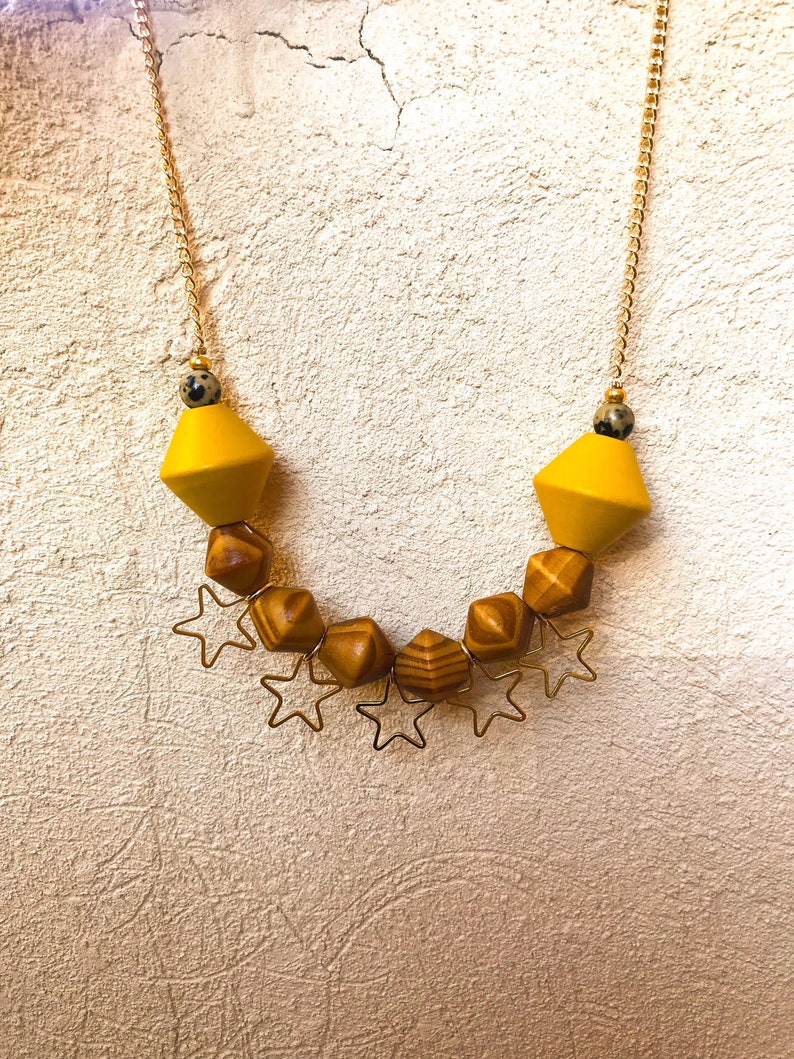 Statement Necklace Colorful Jewelry Star Necklace Chunky necklace Wood necklace Gift for her Unique jewelry Colorful Necklace art