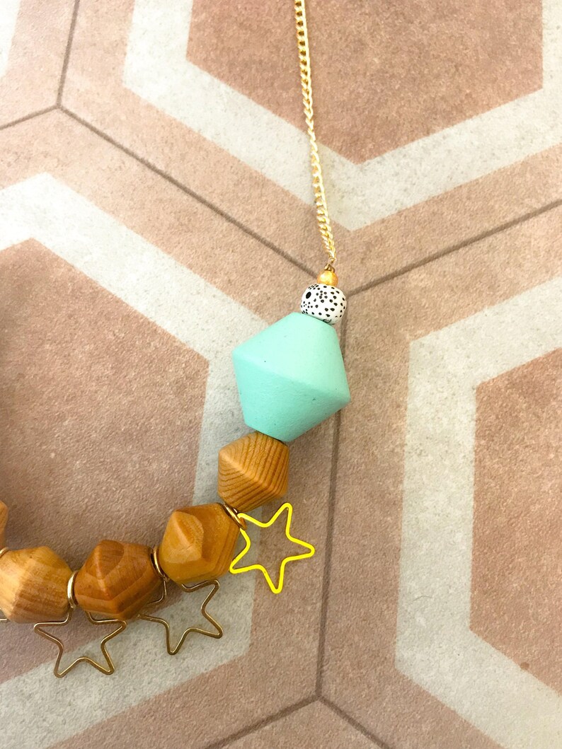 Pendant necklace Geometric Necklace Wood necklace Colorful Jewelry Statement Necklace Star necklace Chunky necklace Unique jewelry