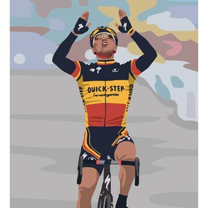 Close-up of Stijn Devolder Ronde Van Vlaanderen illustration art print showing the cyclist winning the race with his hands in the air.