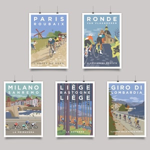 Set of 5 fine art prints depicting the  one-day cycle races known as the Cycling Monuments. These are Paris Roubaix, Ronde Van Vlaanderen (Tour of Flanders), Milan Sanremo, Liege Bastogne Liege and Giro di Lombardia (Ilombardia). Quality cycling art.