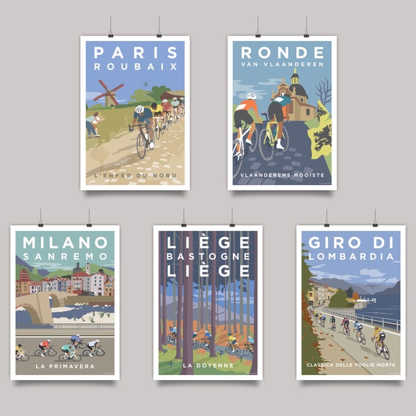 Full Monument Set (10% discount) Cycling Art Prints • Paris Roubaix, Ronde Van Vlaanderen, Milan Sanremo, Liège Bastogne Liège, Il Lombardia